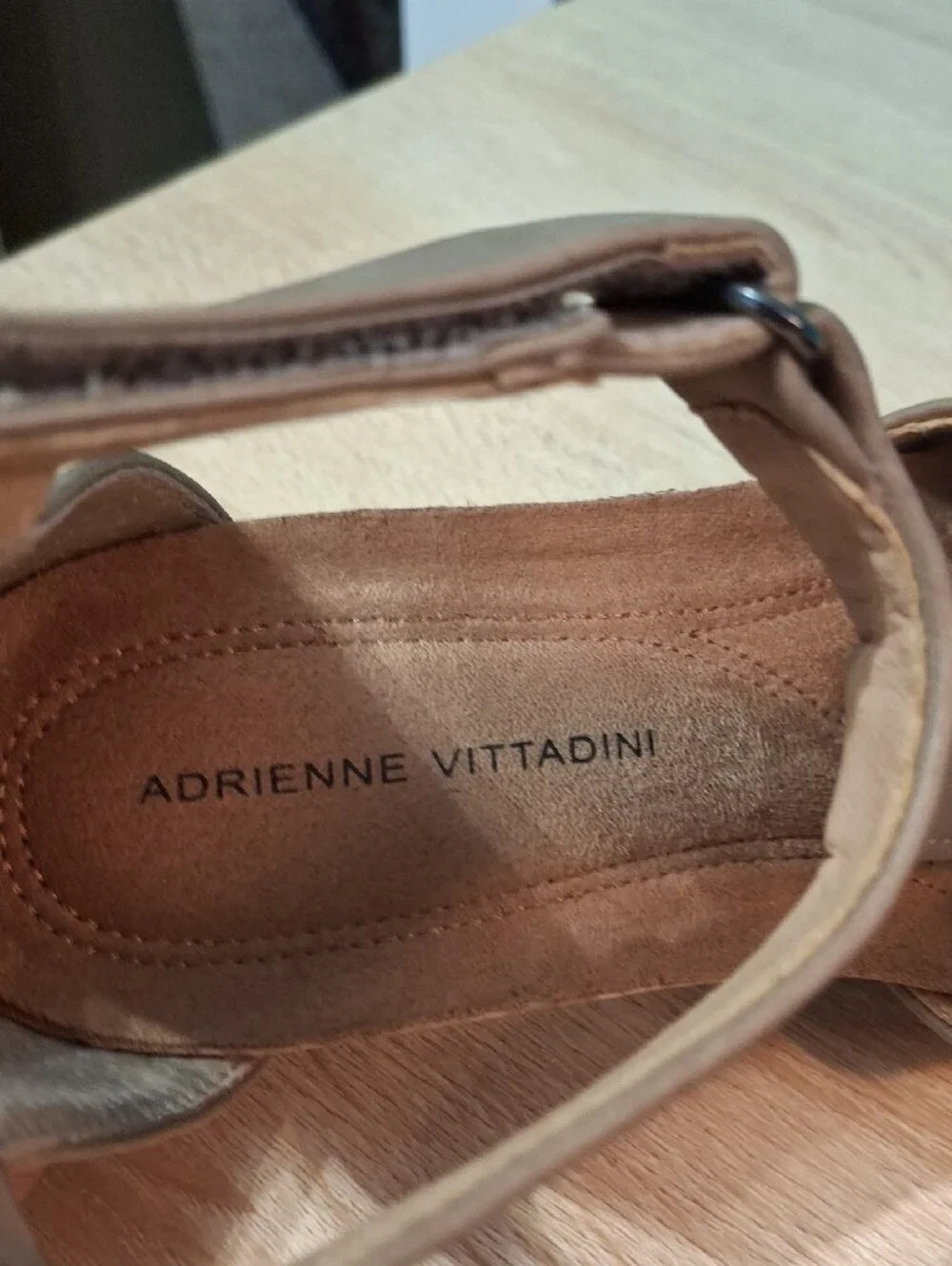 Adrienne Vittadini TRIVIA Tan T‑Strap Espadrille Wedge Sandals